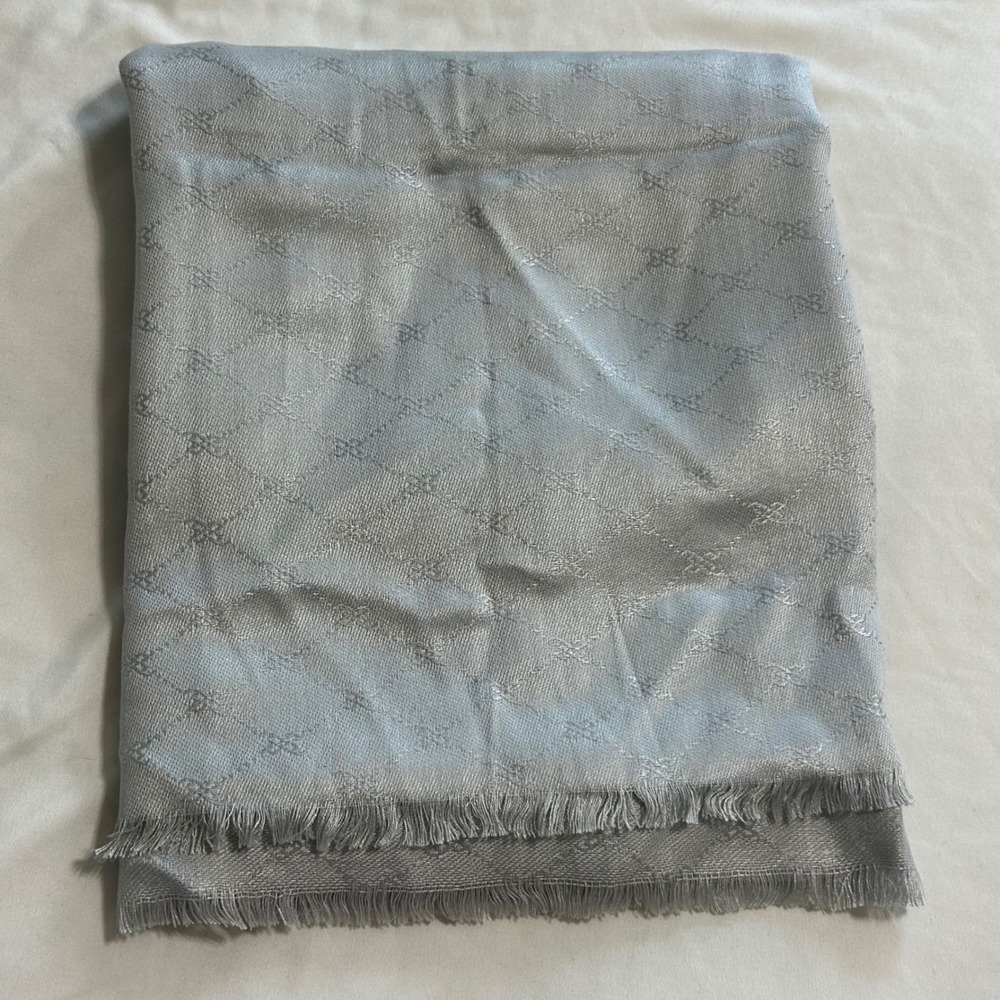 Nine West Silver Grey Monogram Jacquard Viscose Scarf Wrap Fringed Trim